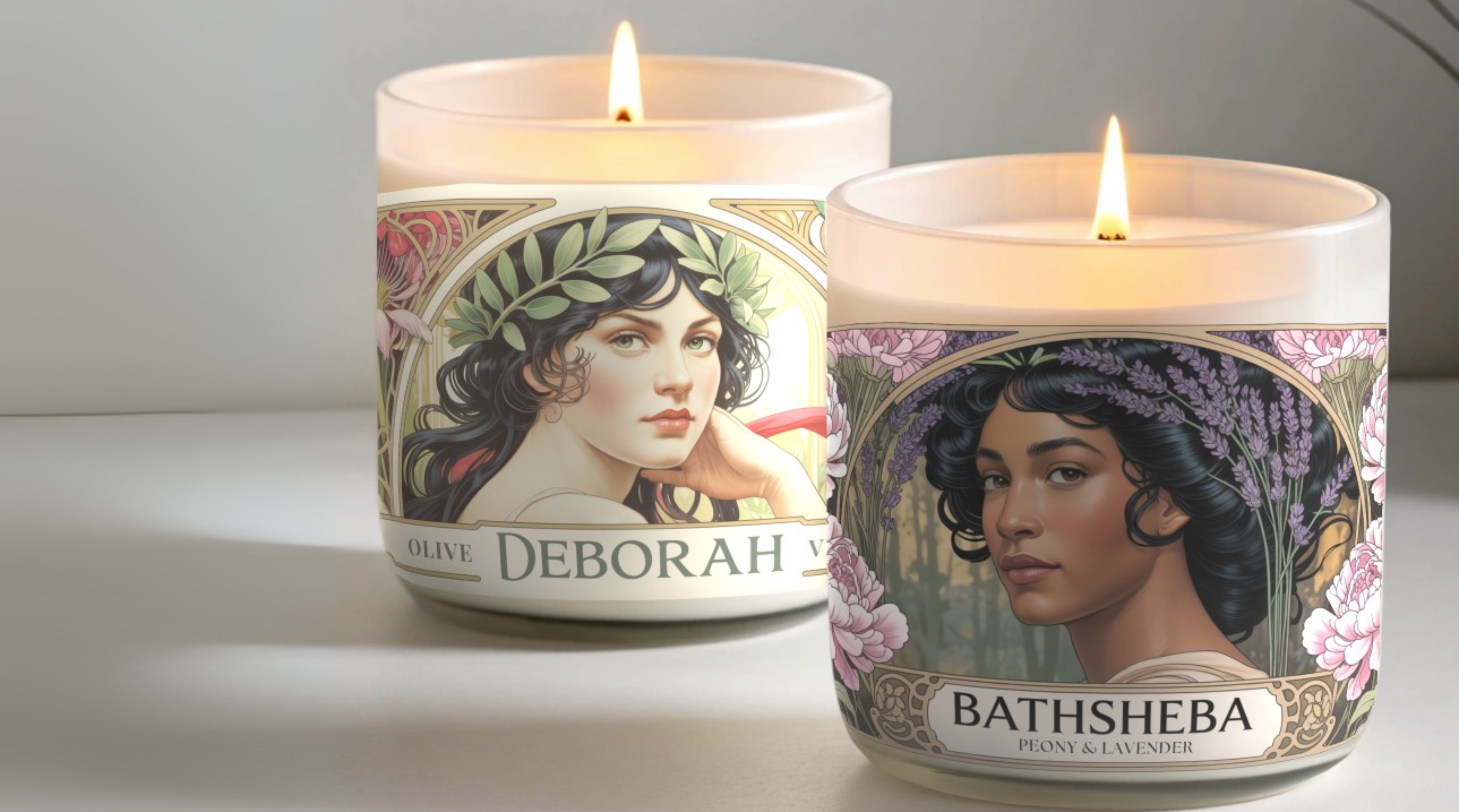 Gilded Gardens Women of the Bible candle collection with candles labeled 'Deborah' and 'Bathsheba' on a decorative background.