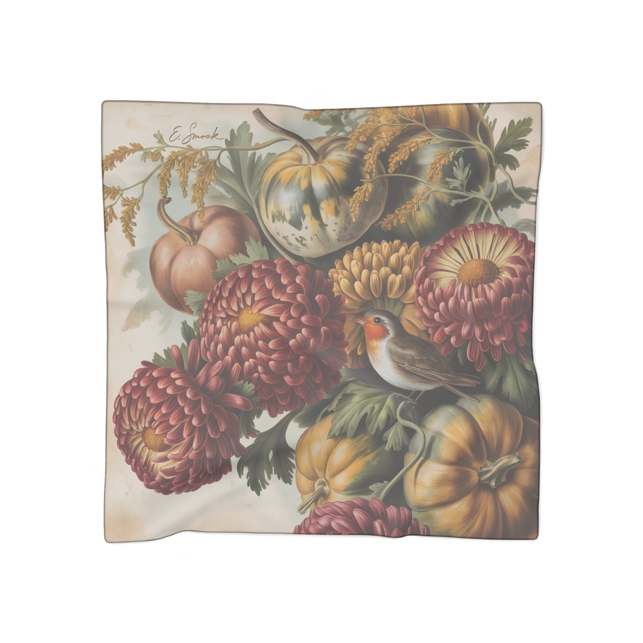 Floral Autumn Poly Scarf, Vintage Style Scarf, Elegant Wrap for Women, Gift for Her, Seasonal Fashion Accessory