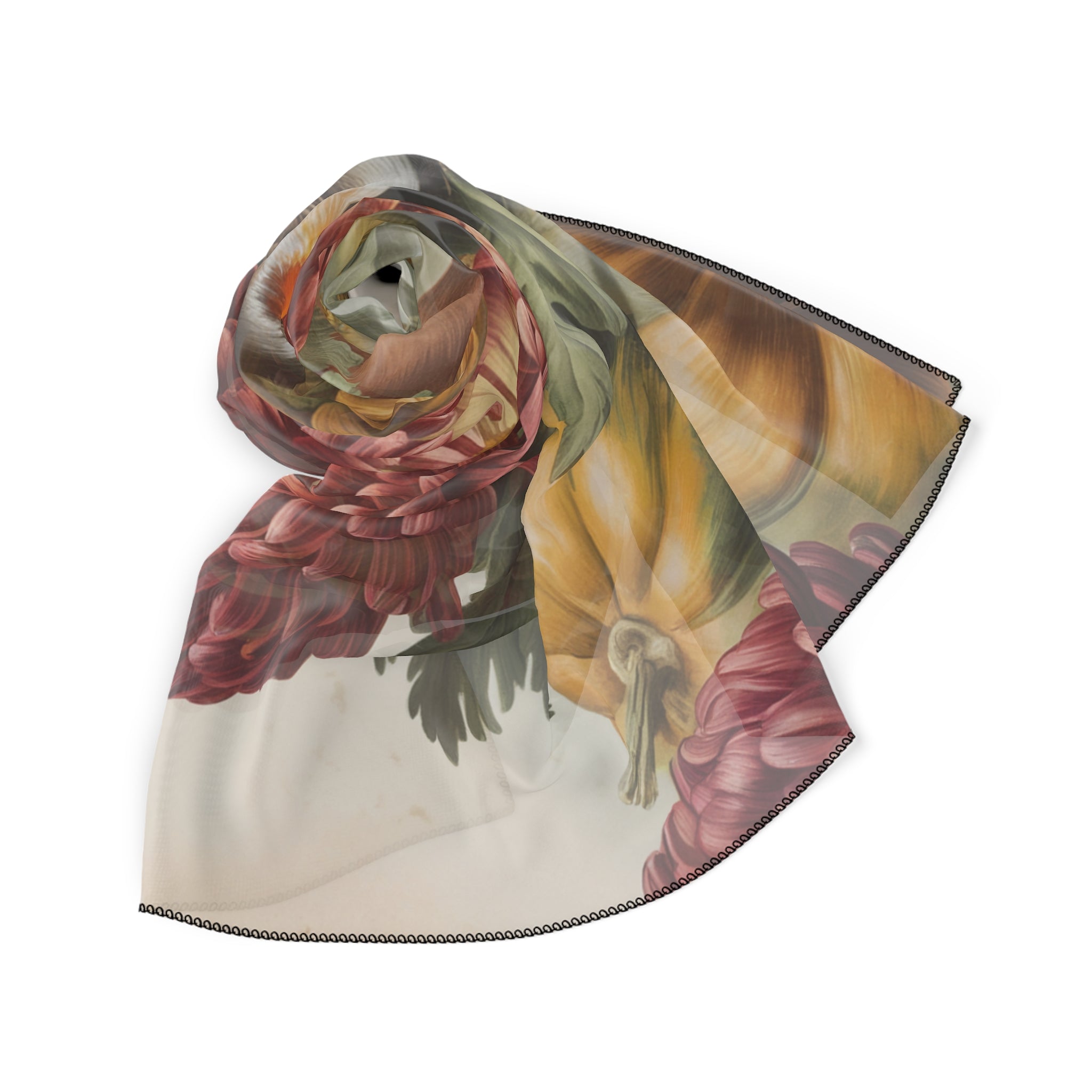 Floral Autumn Poly Scarf, Vintage Style Scarf, Elegant Wrap for Women, Gift for Her, Seasonal Fashion Accessory