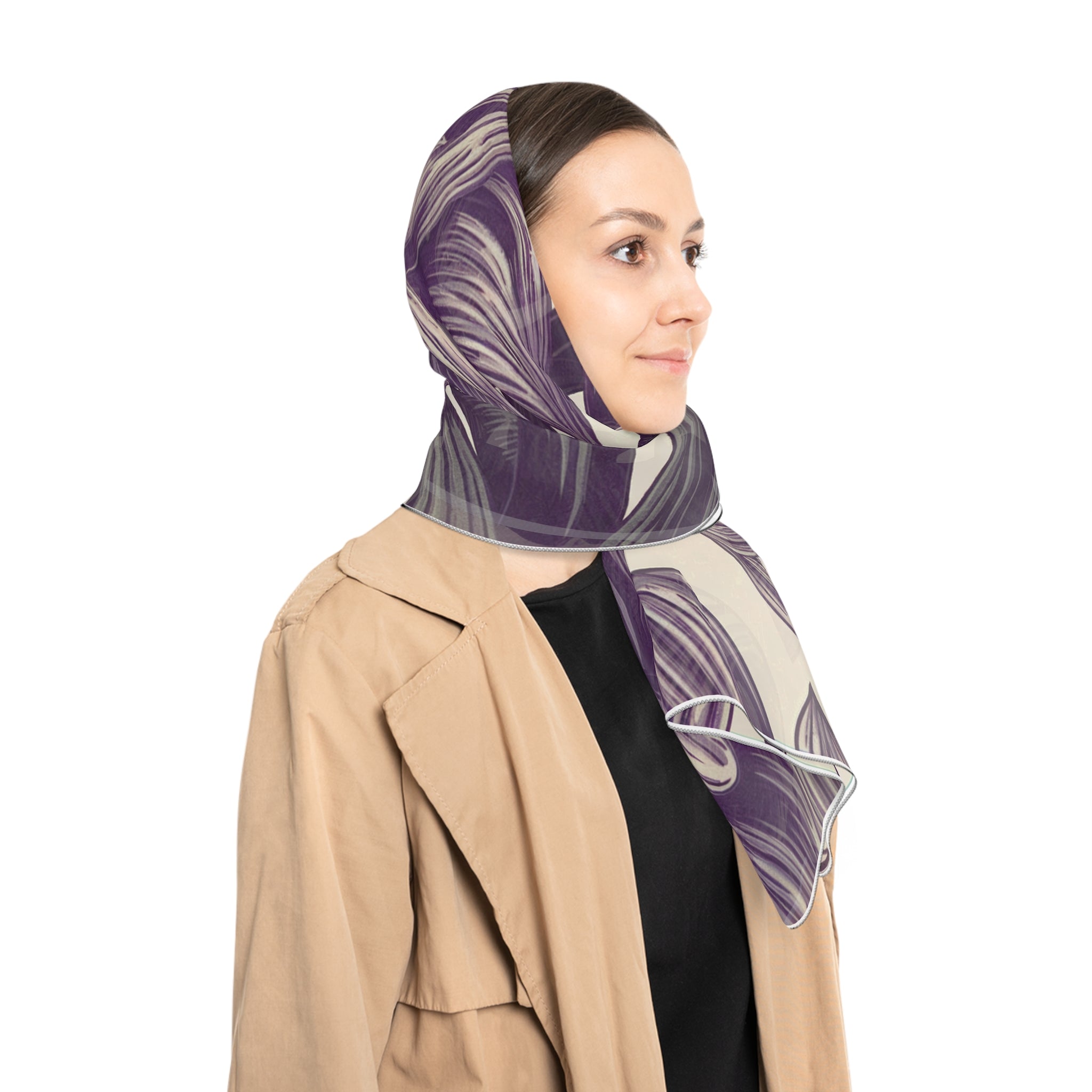 Elegant Floral Poly Scarf - Blooming Purple Design, Perfect for Spring Fashion, Gift for Her, Accessory for Dressy Occasions