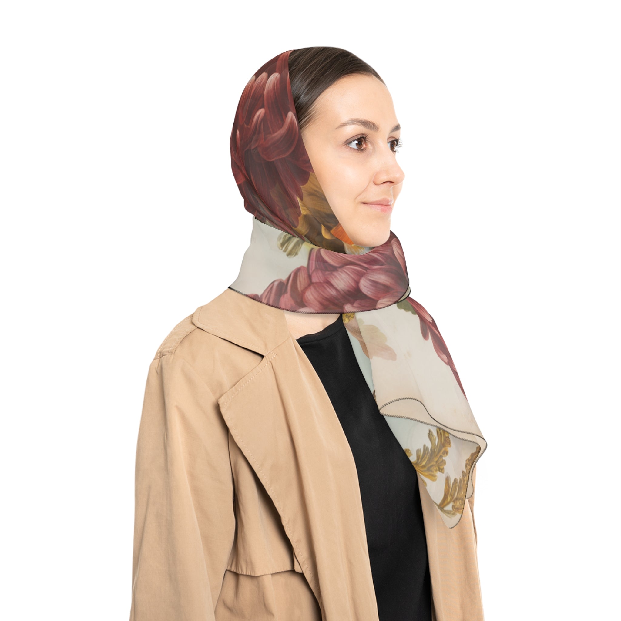 Floral Autumn Poly Scarf, Vintage Style Scarf, Elegant Wrap for Women, Gift for Her, Seasonal Fashion Accessory