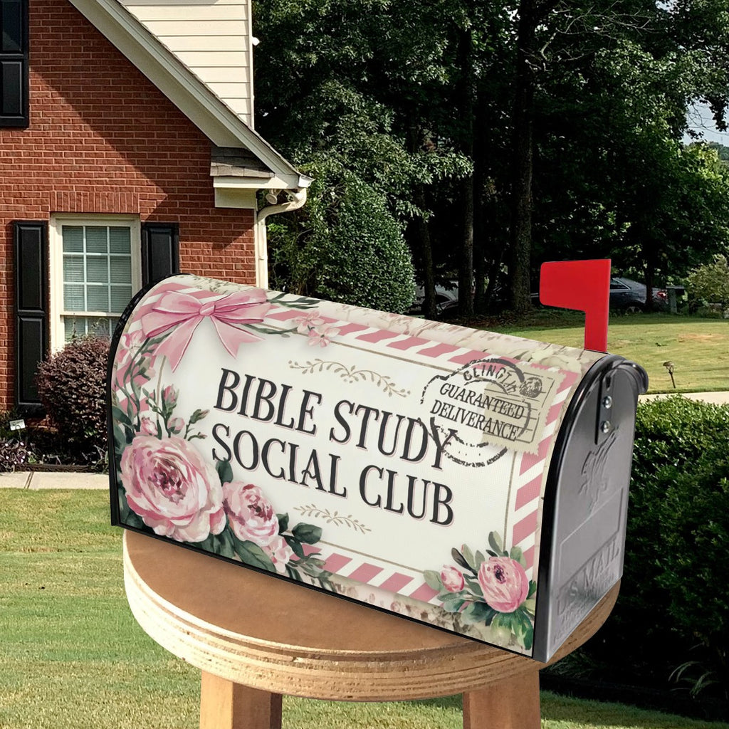 Bible Study Social Club grandmillennial floral mailbox cover on black mailbox, Holy Smoak Studios wholesale