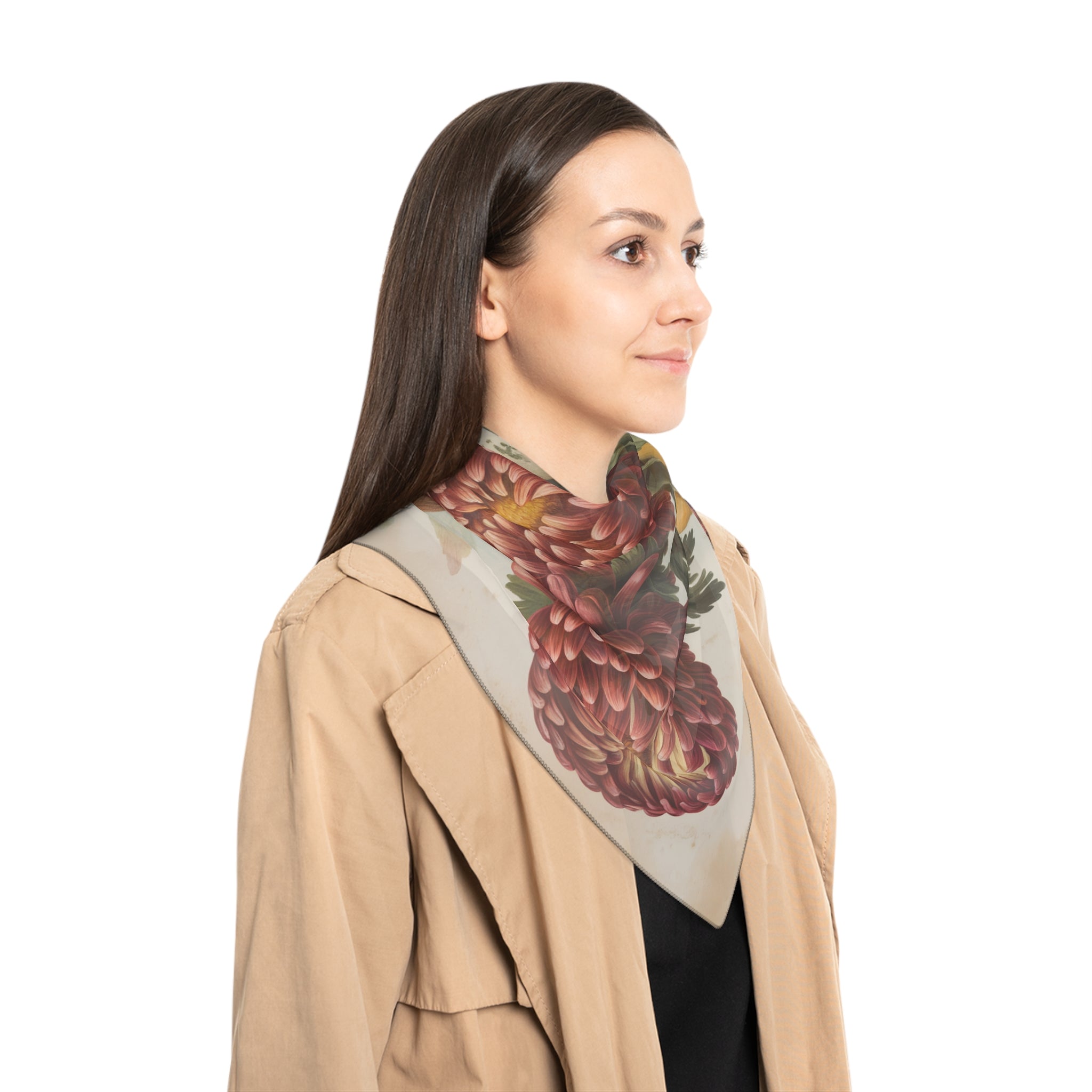 Floral Autumn Poly Scarf, Vintage Style Scarf, Elegant Wrap for Women, Gift for Her, Seasonal Fashion Accessory