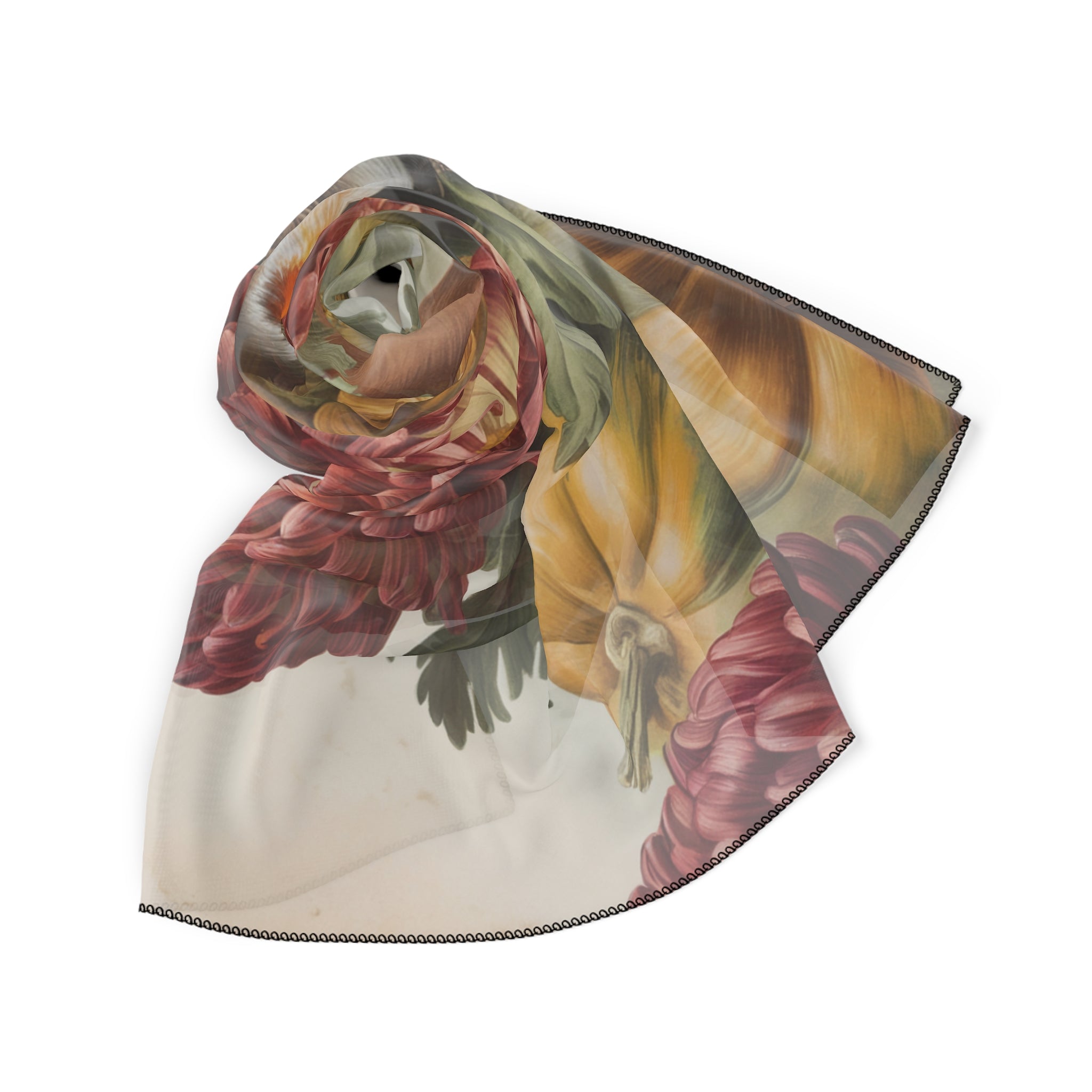 Floral Autumn Poly Scarf, Vintage Style Scarf, Elegant Wrap for Women, Gift for Her, Seasonal Fashion Accessory
