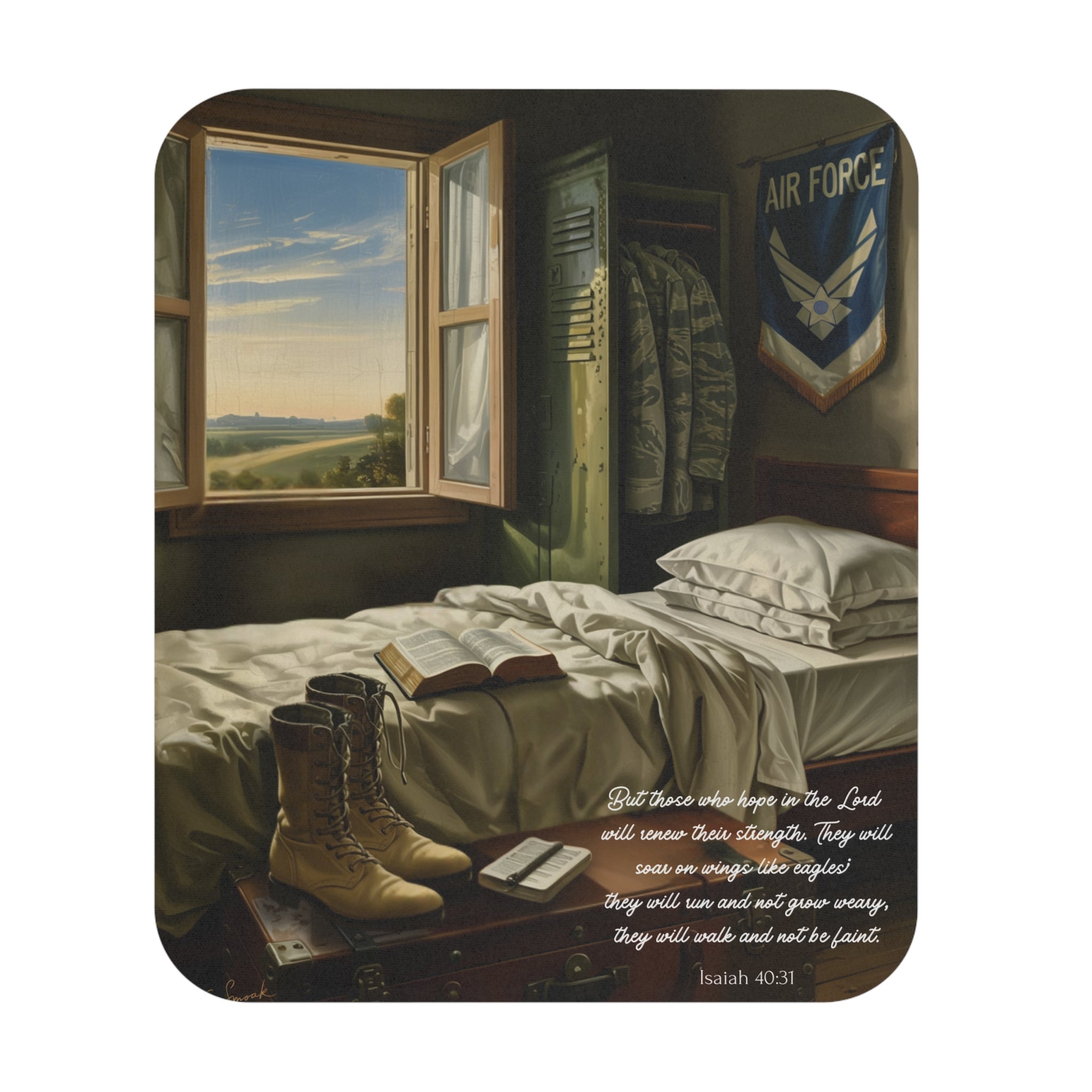 Desk scene with military uniform, boots, and window view on a white background