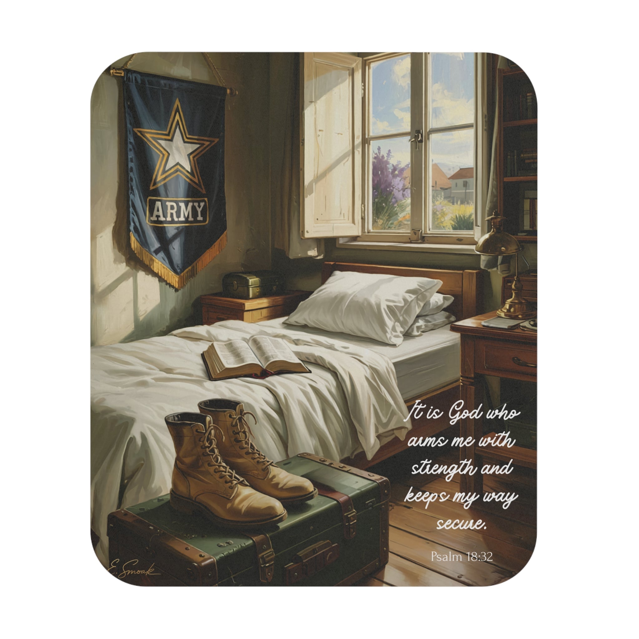 Mouse pad with a historical scene of a soldier's bunk in uniform, boots, and a flag with a star, set against a window with open shutters.