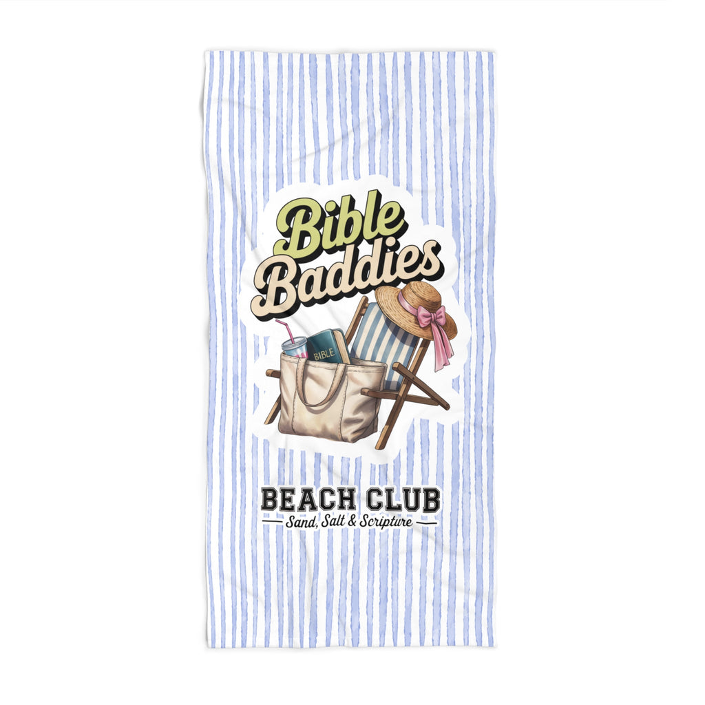 Striped towel with 'Bible Baddies' and 'Beach Club' text and beach-themed graphics.