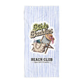 Striped towel with 'Bible Baddies' and 'Beach Club' text and beach-themed graphics.