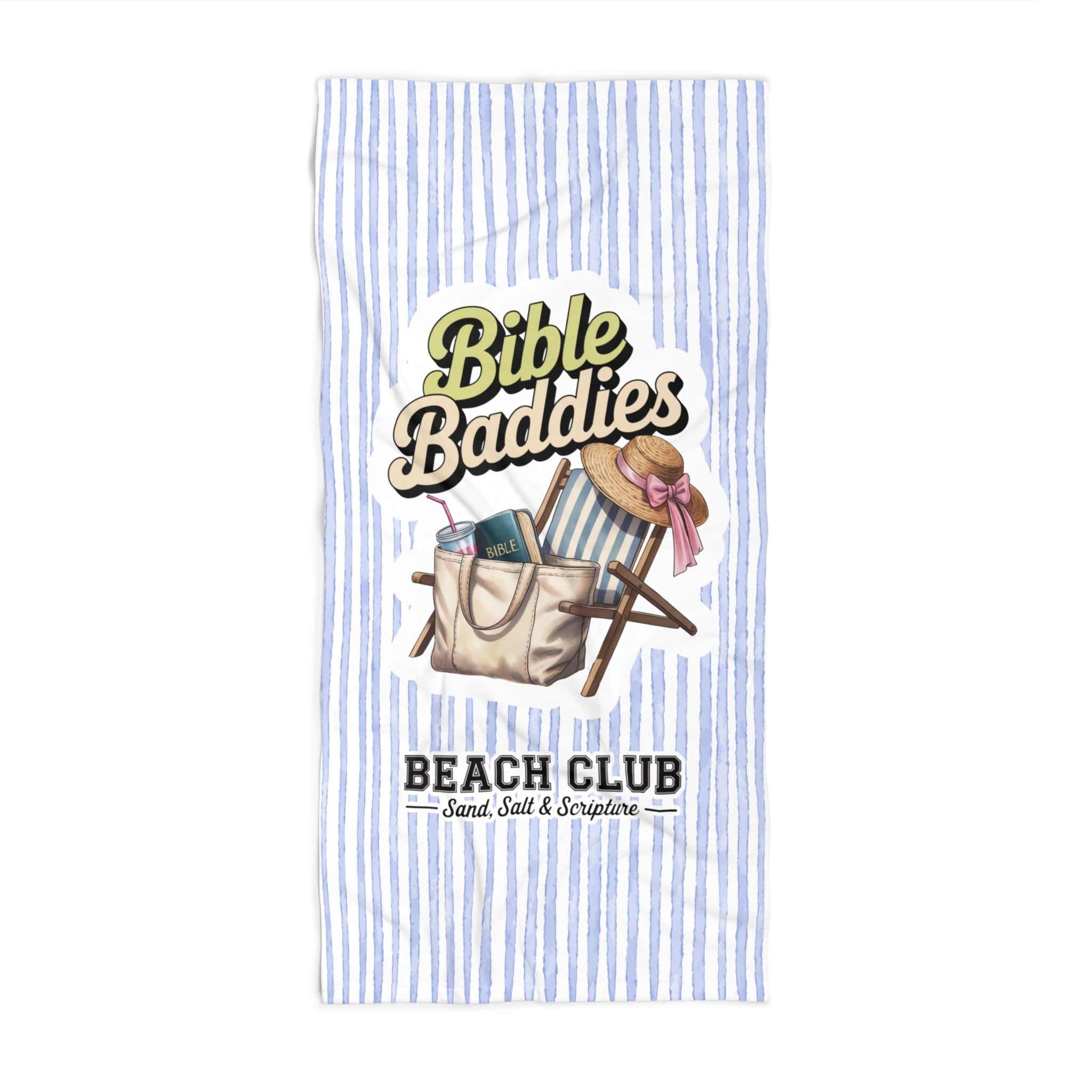 Striped towel with 'Bible Baddies' and 'Beach Club' text and beach-themed graphics.