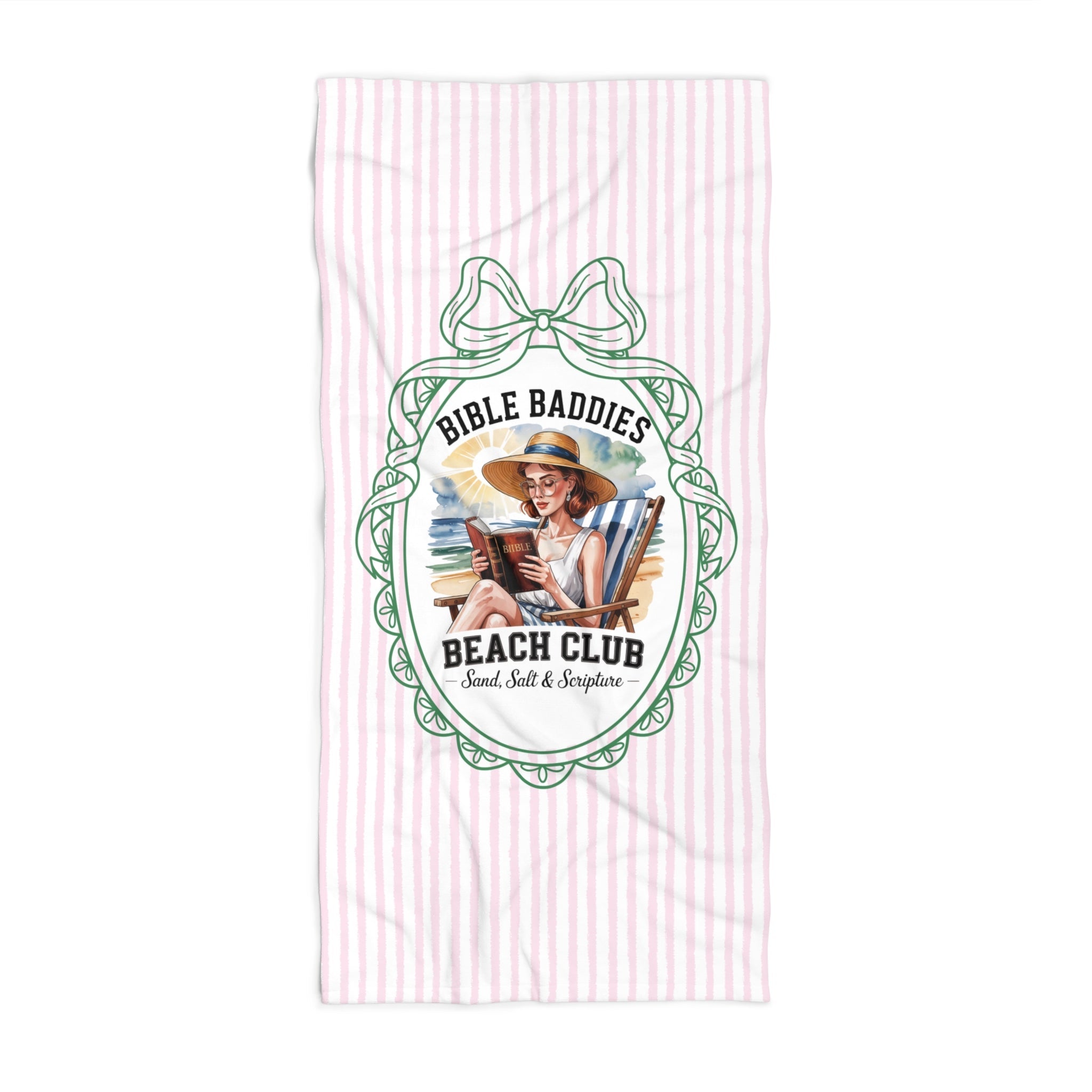 Striped towel with a graphic of a woman reading the bible on the beach
