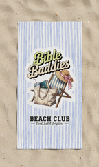 Striped beach towel with 'Bible Buddies Beach Club' design on sand