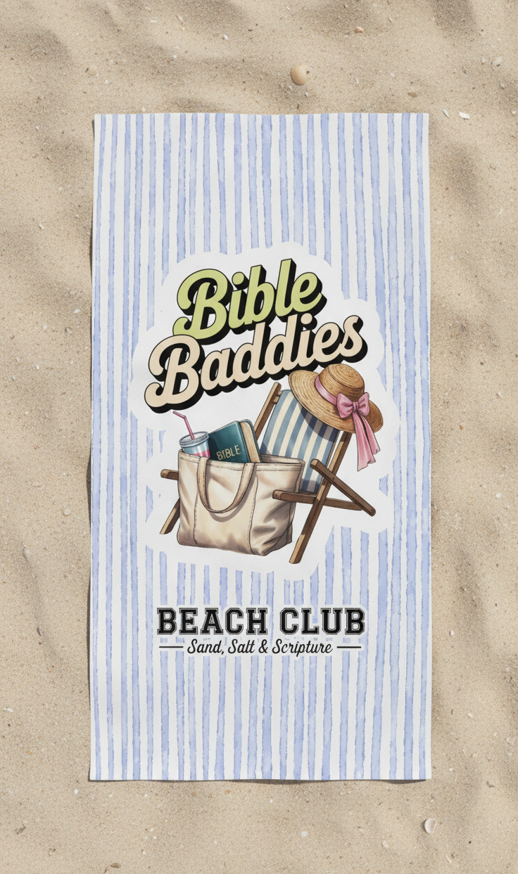 Striped beach towel with 'Bible Buddies Beach Club' design on sand