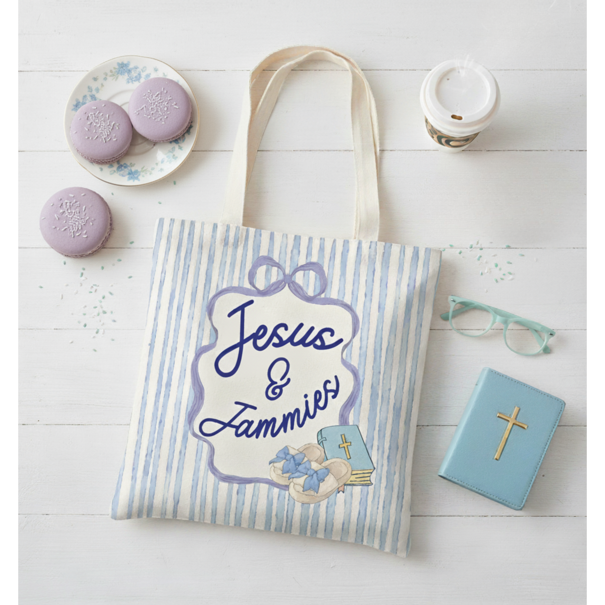 Jesus & Jammies Coquette Bible Study Tote Bag - Blue