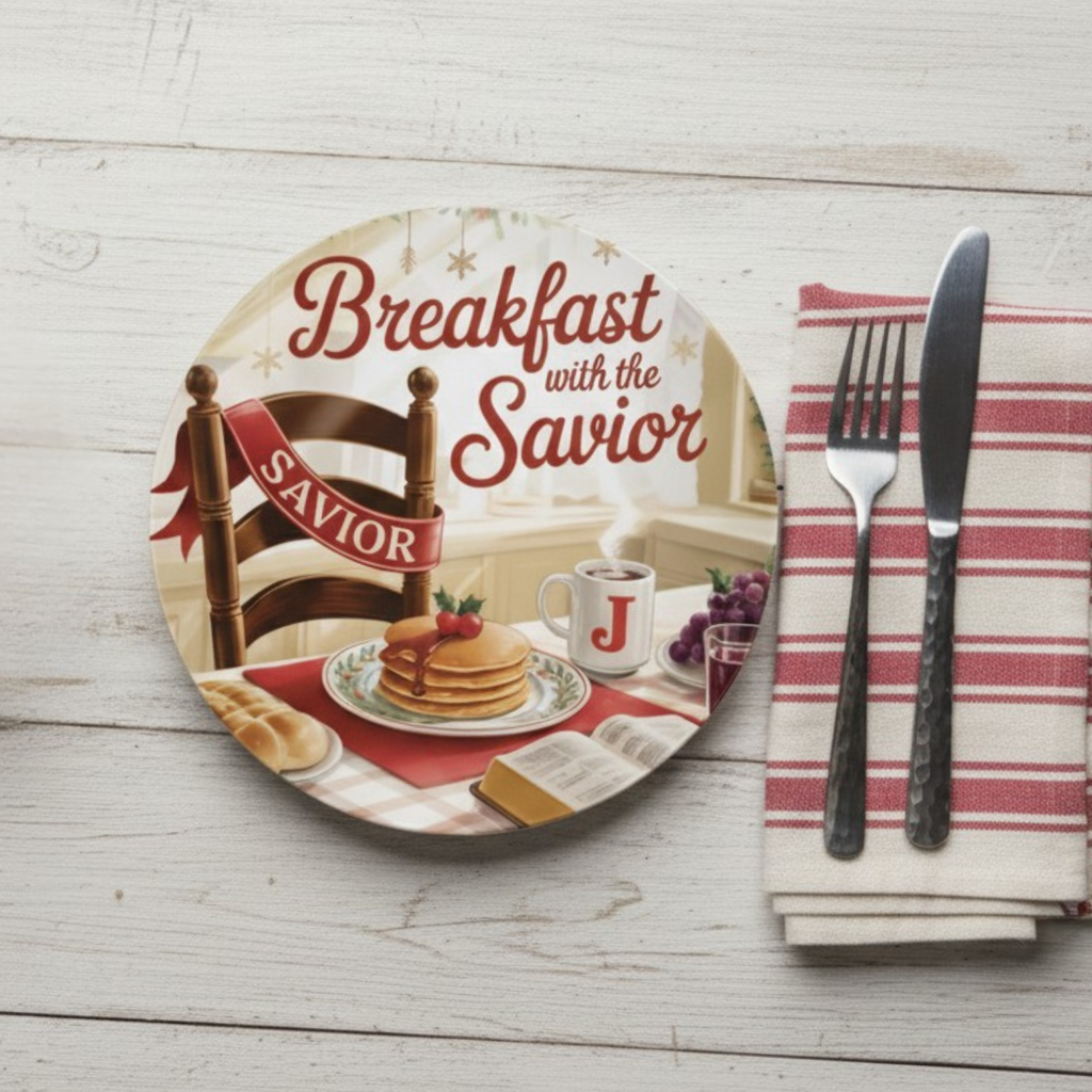 Decorative plate with 'Breakfast with the Savior' design on a wooden table with cutlery and napkin.