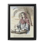 Framed artwork of a woman in a desert setting with a palm tree.
