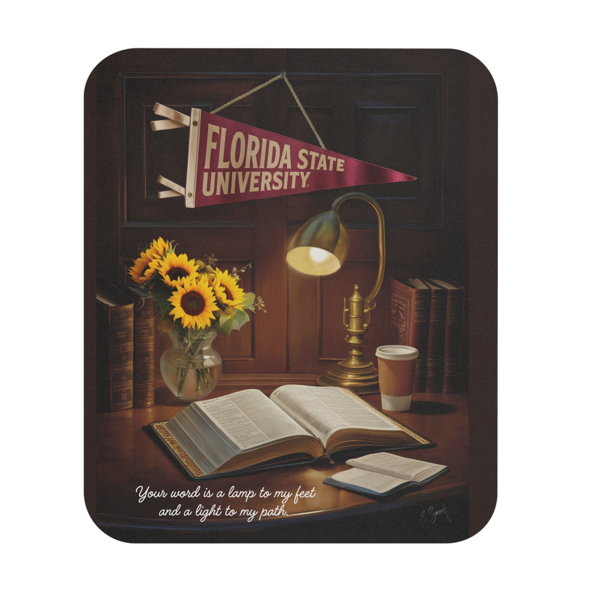 Decorative mouse pad with books, lamp, sunflowers, and Florida State University banner.