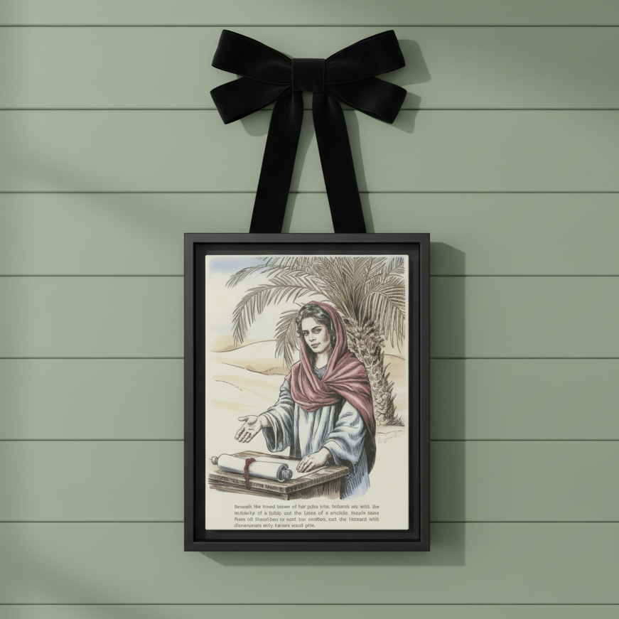 Framed artwork of a woman with a black bow on a green wall