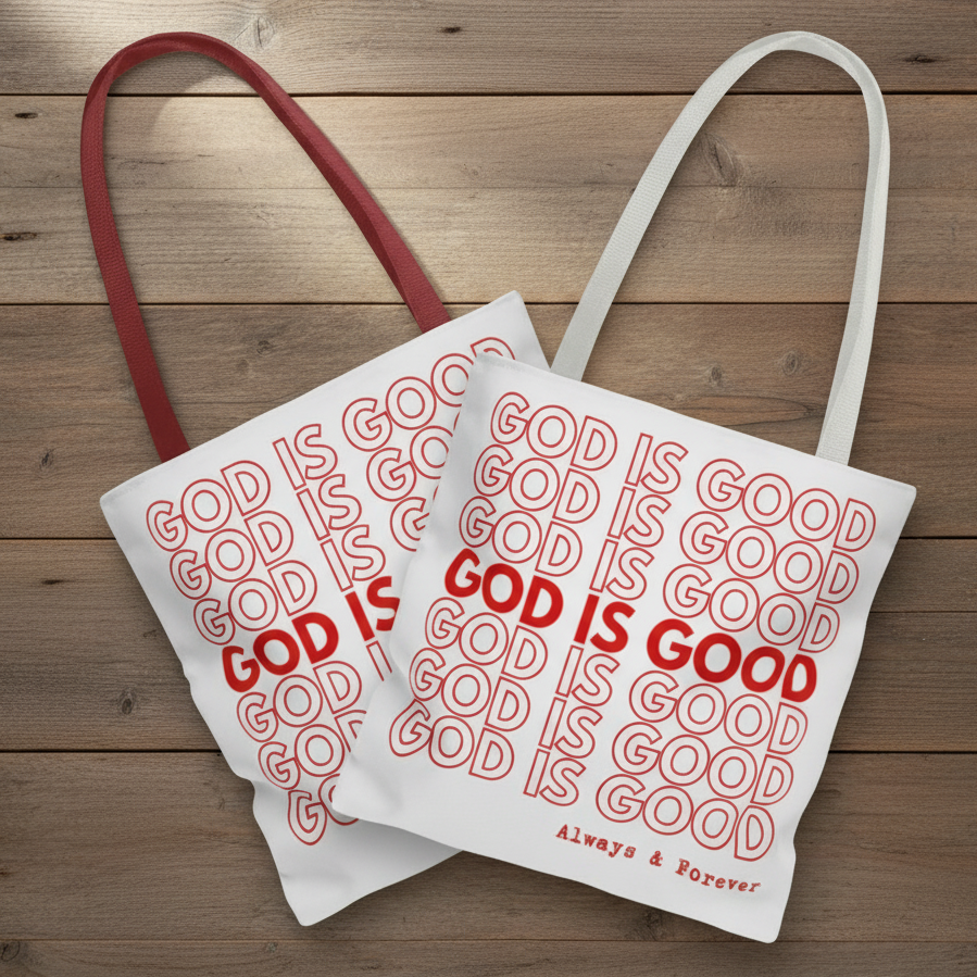 Two tote bags with 'GOD IS GOOD' text on a wooden surface