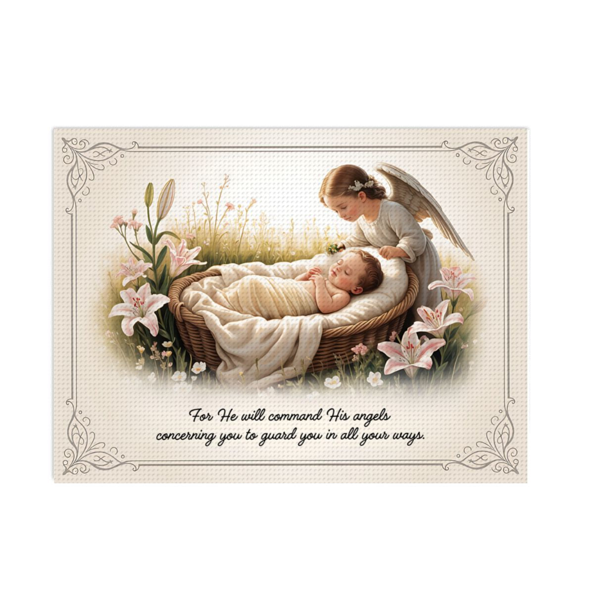 Decorative Diamond Art with an angel and baby, surrounded by flowers, on a white background.