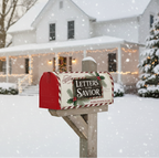 Decorative mailbox with 'Letters Savior' sign in front of a house during snowfall