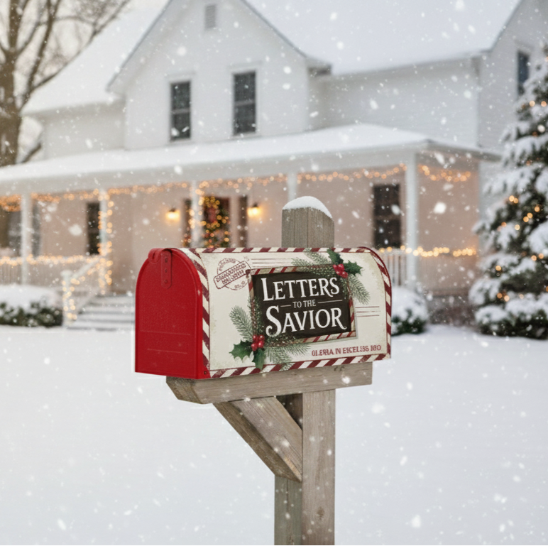 Decorative mailbox with 'Letters Savior' sign in front of a house during snowfall
