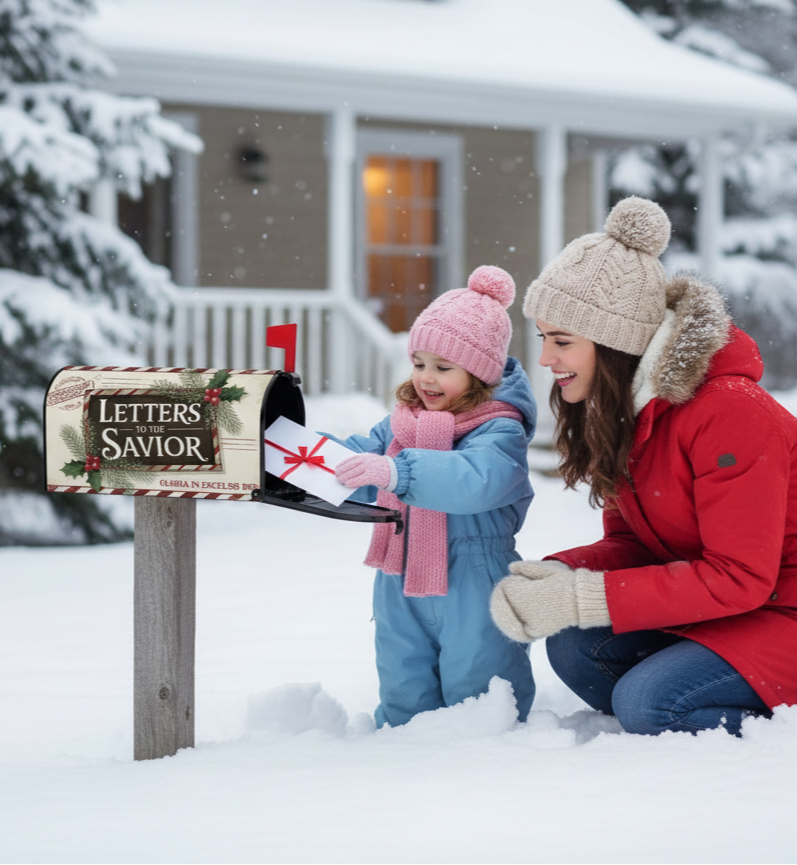 Woman and child in winter clothing opening a mailbox labeled 'Letters to Santa' in a snowy setting.