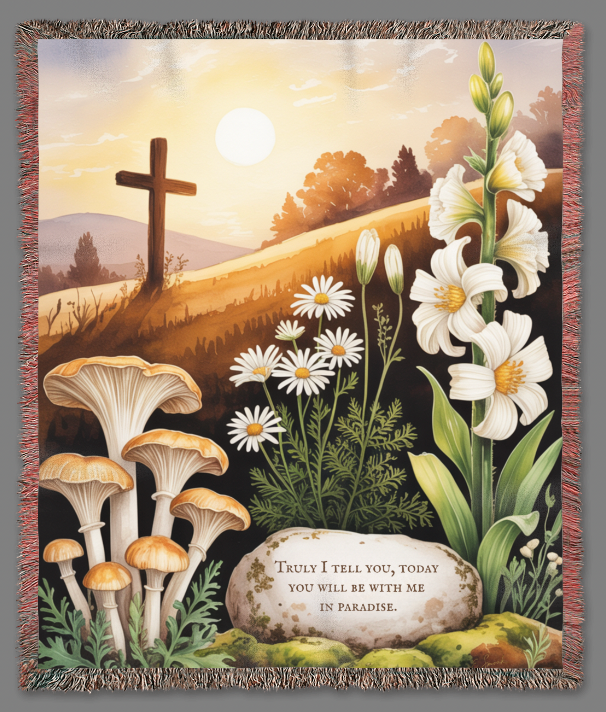 Decorative blanket with a scenic design featuring flowers, mushrooms, and a cross.