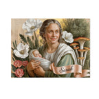 Vintage-style illustration of a woman holding a child with flowers and a 'Savior' ribbon.