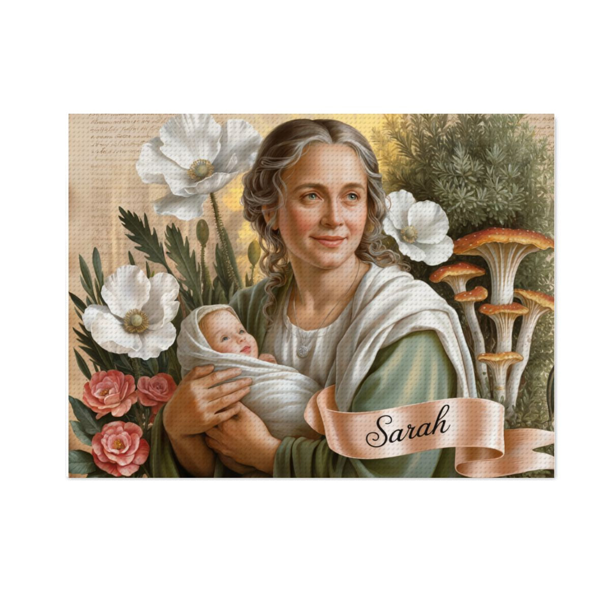 Vintage-style illustration of a woman holding a child with flowers and a 'Savior' ribbon.