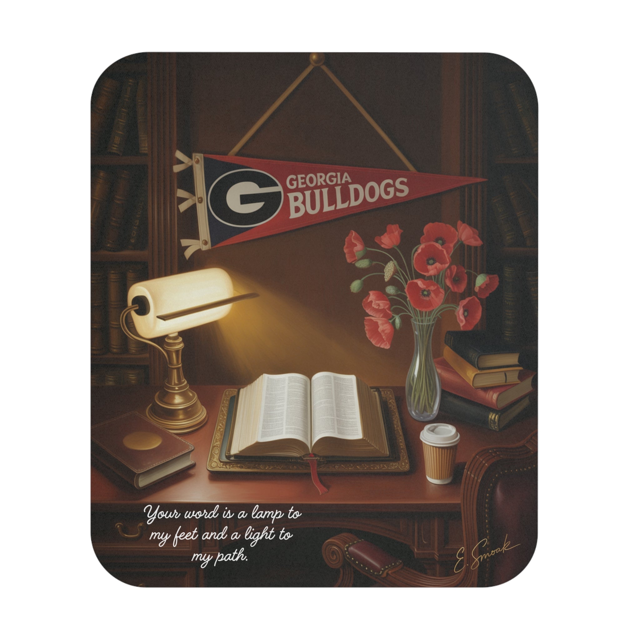 Decorative mouse pad with a book, lamp, vase of flowers, and Georgia Bulldogs banner.