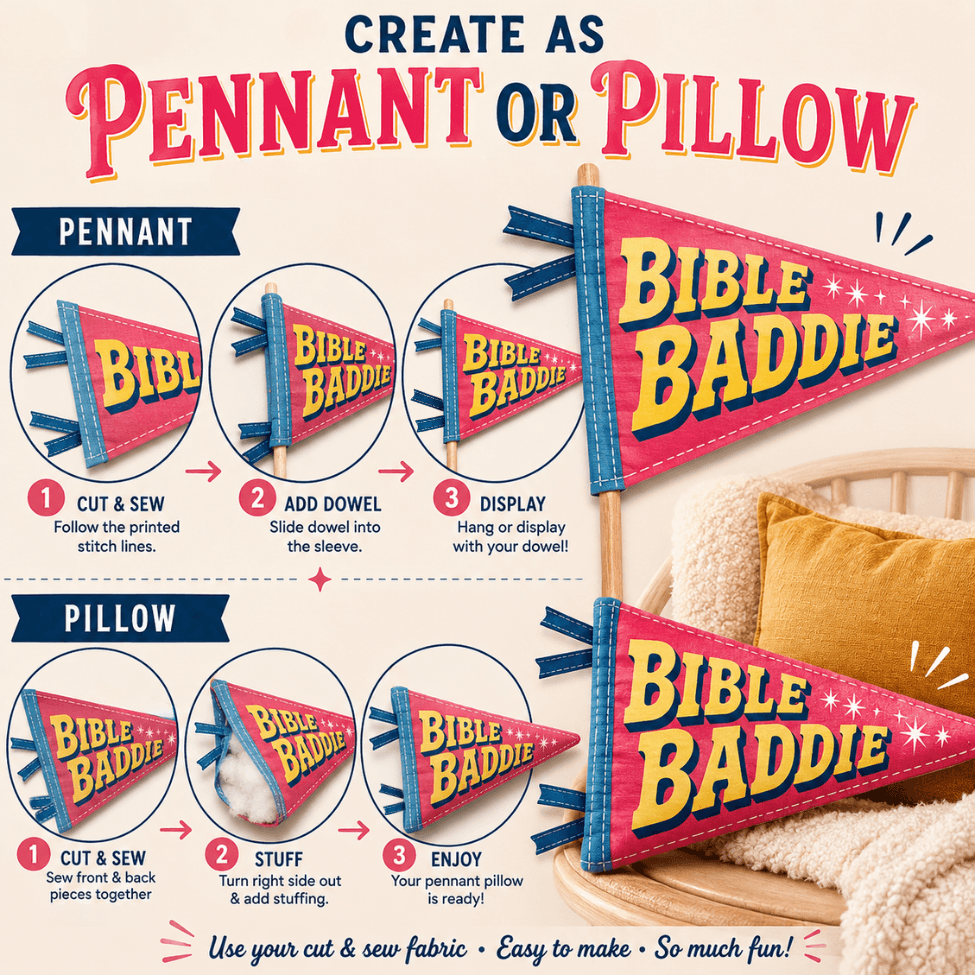Holy Smoak Studios Bible Baddie cut and sew fabric panel instructions — create as pennant or pillow, Camp Believers wholesale