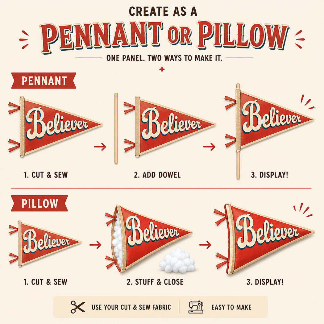 Holy Smoak Studios Believer cut and sew fabric panel instructions — create as pennant or pillow, Camp Believers wholesale