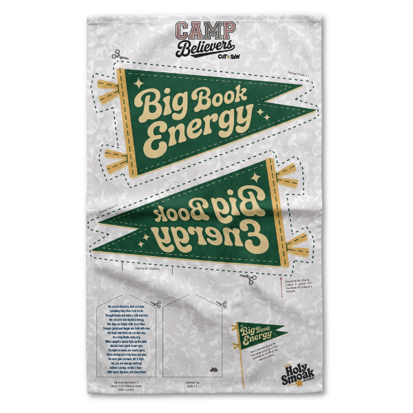 Holy Smoak Studios Big Book Energy Camp Believers cut and sew fabric panel, wholesale Christian giftware, 18x30 inches