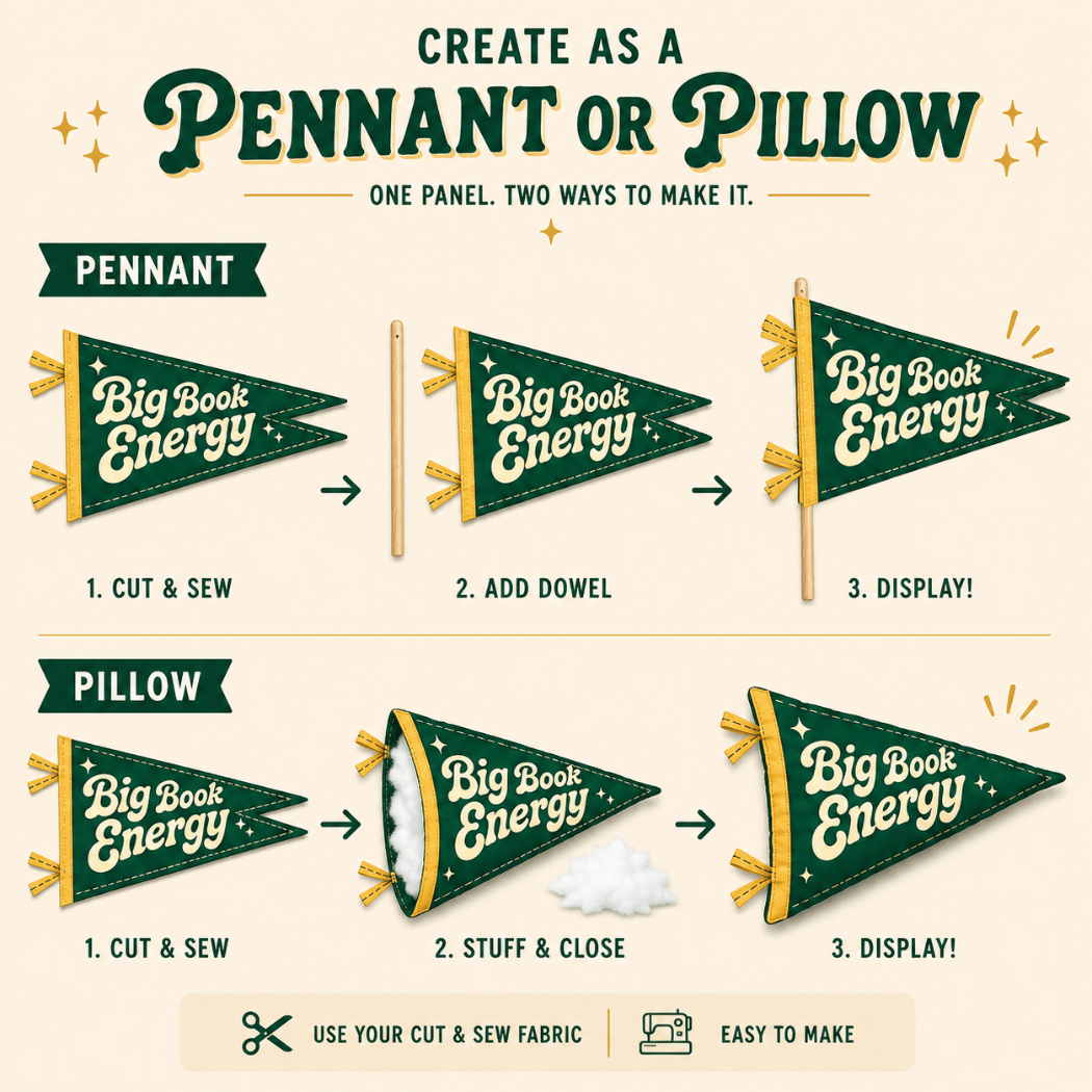 Holy Smoak Studios Big Book Energy cut and sew fabric panel instructions — create as pennant or pillow, Camp Believers wholesale