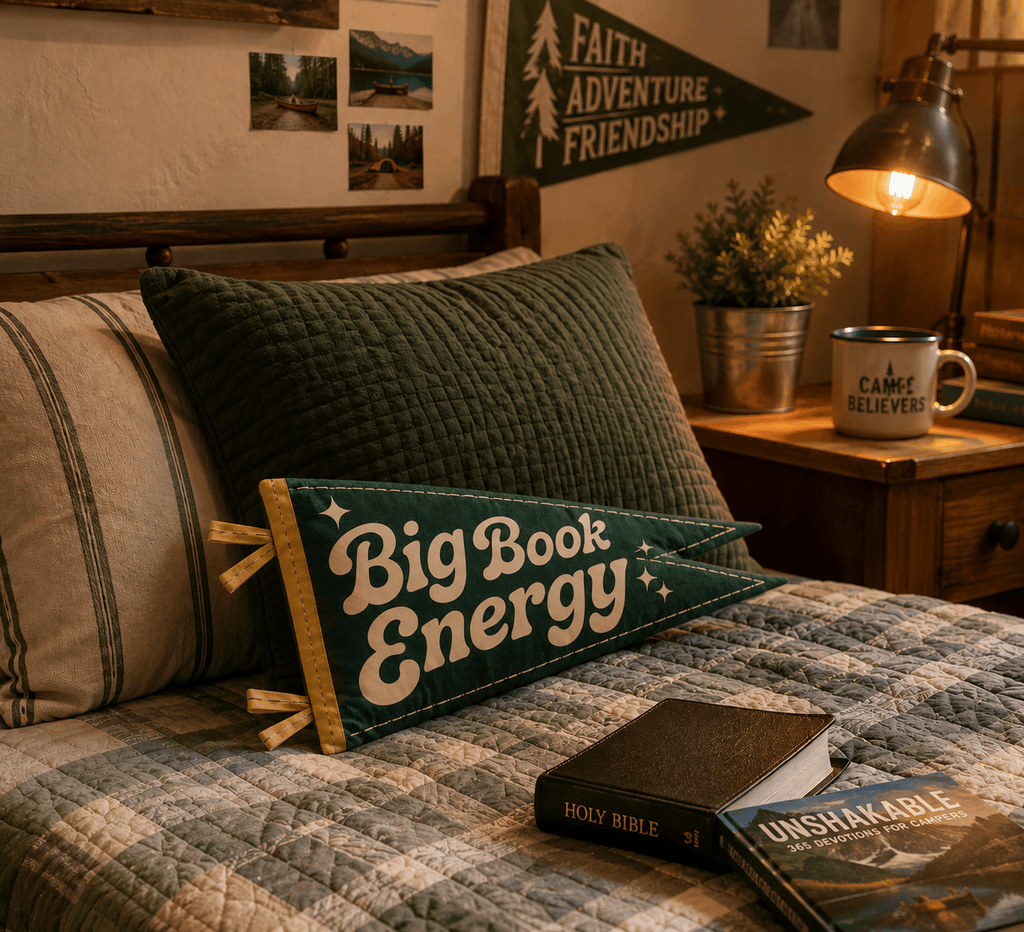 Big Book Energy pennant displayed on bed, Holy Smoak Studios Camp Believers wholesale faith-based product