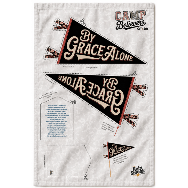 Holy Smoak Studios By Grace Alone Camp Believers cut and sew fabric panel, wholesale Christian giftware, 18x30 inches