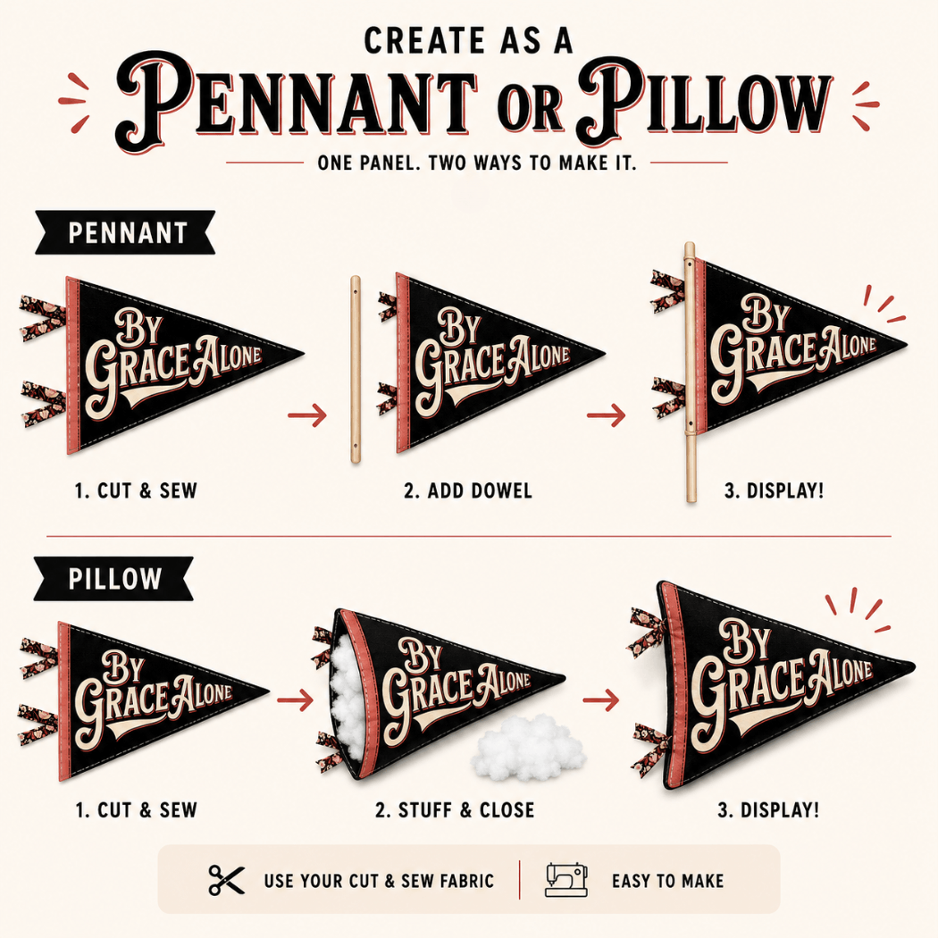 Holy Smoak Studios By Grace Alone cut and sew fabric panel instructions — create as pennant or pillow, Camp Believers wholesale