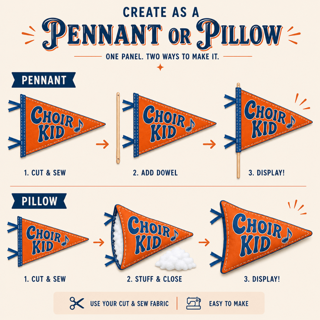 Holy Smoak Studios Choir Kid cut and sew fabric panel instructions — create as pennant or pillow, Camp Believers wholesale
