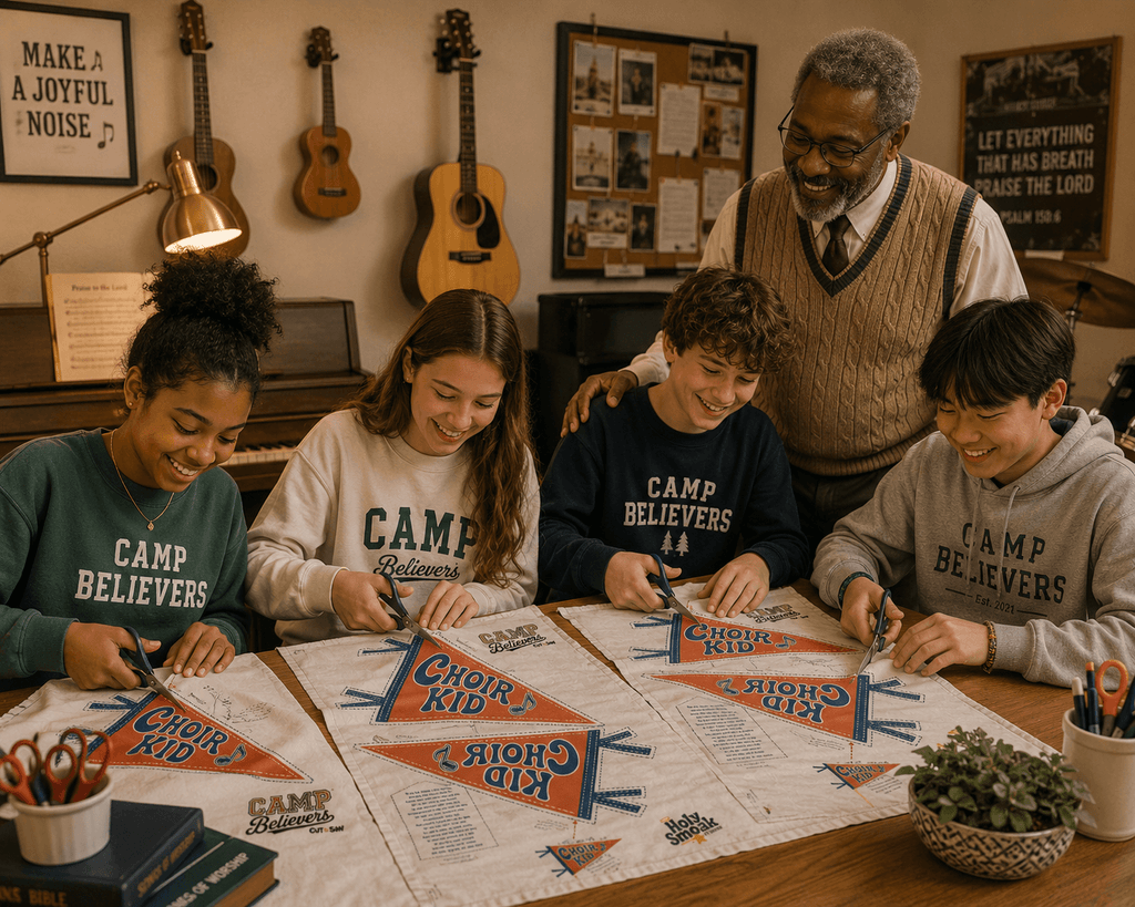 Family making Choir Kid cut and sew pennant together at home, Holy Smoak Studios Camp Believers wholesale product