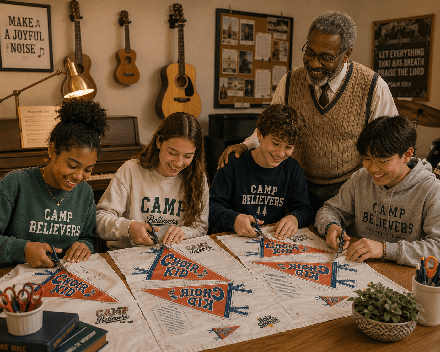 Family making Choir Kid cut and sew pennant together at home, Holy Smoak Studios Camp Believers wholesale product