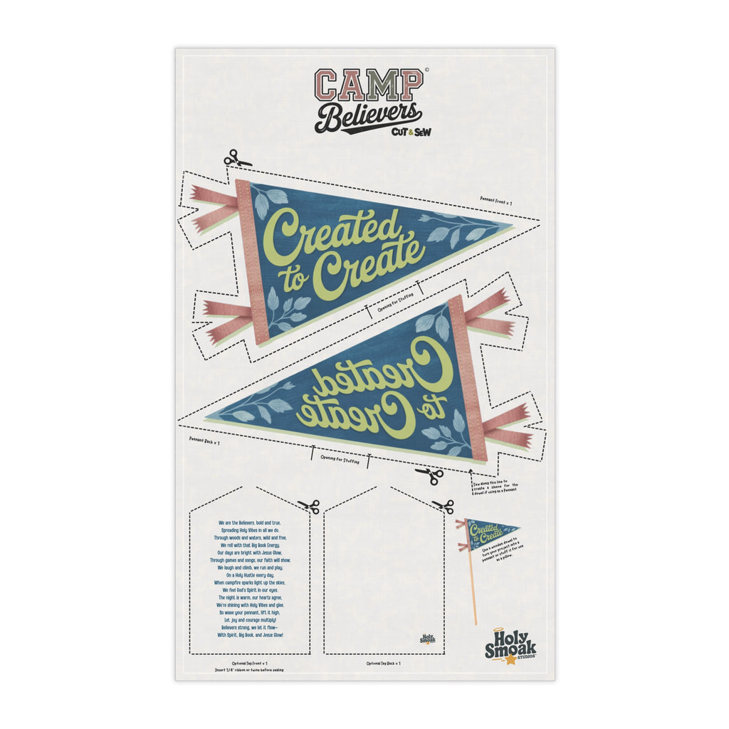 Holy Smoak Studios Created to Create Camp Believers cut and sew fabric panel, wholesale Christian giftware, 18x30 inches