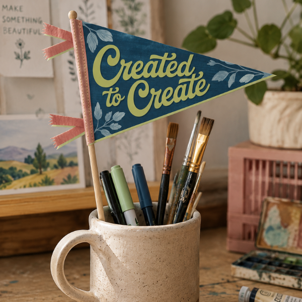 Finished Created to Create pennant on a stick displayed in art supply mug, Holy Smoak Studios wholesale faith-based product