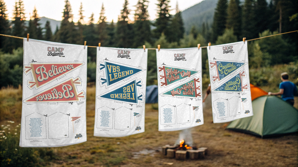 Holy Smoak Studios Camp Believers cut and sew fabric panels displayed at campsite, wholesale Christian retail collection