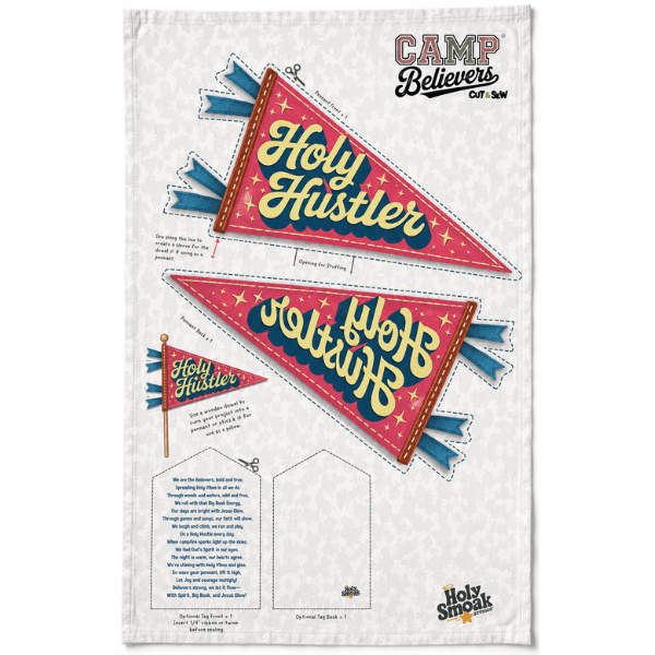 Holy Smoak Studios Holy Hustler Camp Believers cut and sew fabric panel, wholesale Christian giftware, 18x30 inches