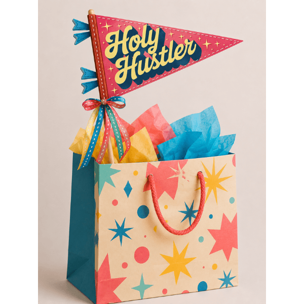 Holy Hustler pennant displayed in gift bag, Holy Smoak Studios Camp Believers wholesale Christian retail merchandising
