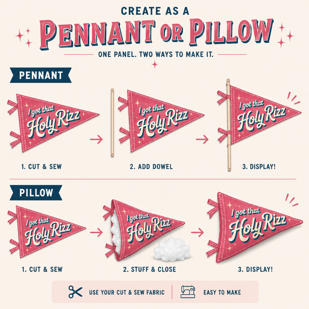Holy Smoak Studios Holy Rizz cut and sew fabric panel instructions — create as pennant or pillow, Camp Believers wholesale