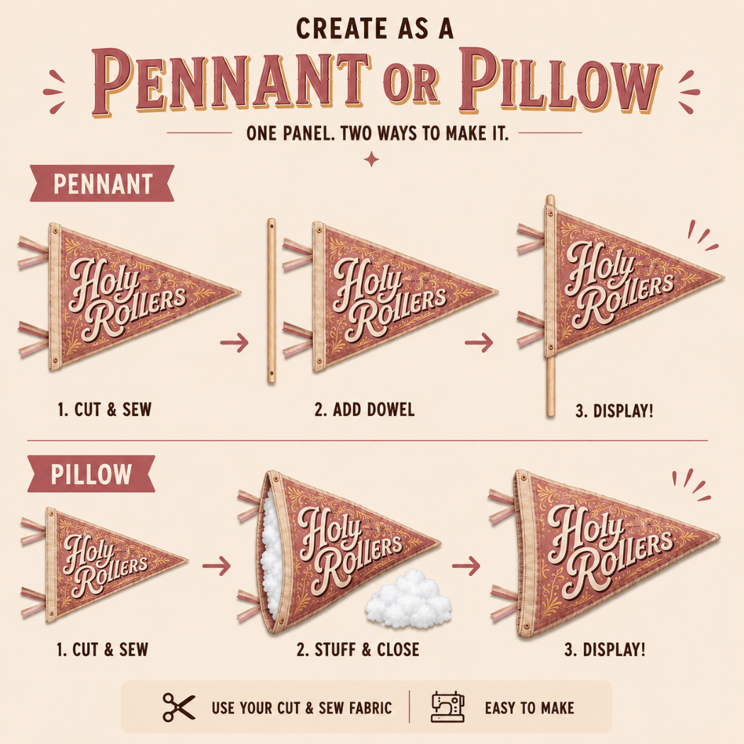 Holy Smoak Studios Holy Rollers cut and sew fabric panel instructions — create as pennant or pillow, Camp Believers wholesale