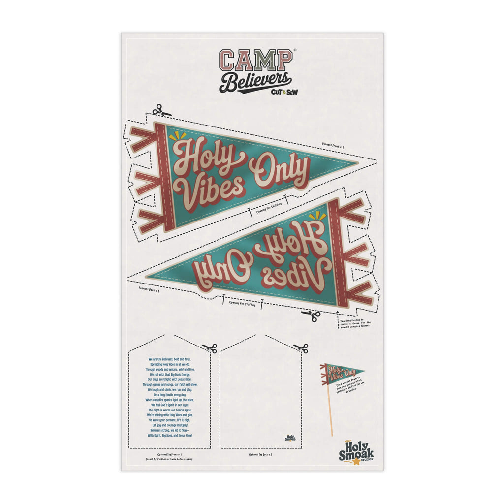 Holy Smoak Studios Holy Vibes Only Camp Believers cut and sew fabric panel, wholesale Christian giftware, 18x30 inches