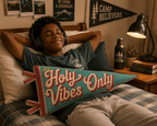 Holy Vibes Only pennant displayed on bed with boy, Holy Smoak Studios Camp Believers wholesale faith-based product