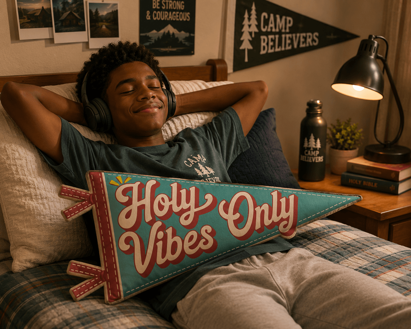Holy Vibes Only pennant displayed on bed with boy, Holy Smoak Studios Camp Believers wholesale faith-based product
